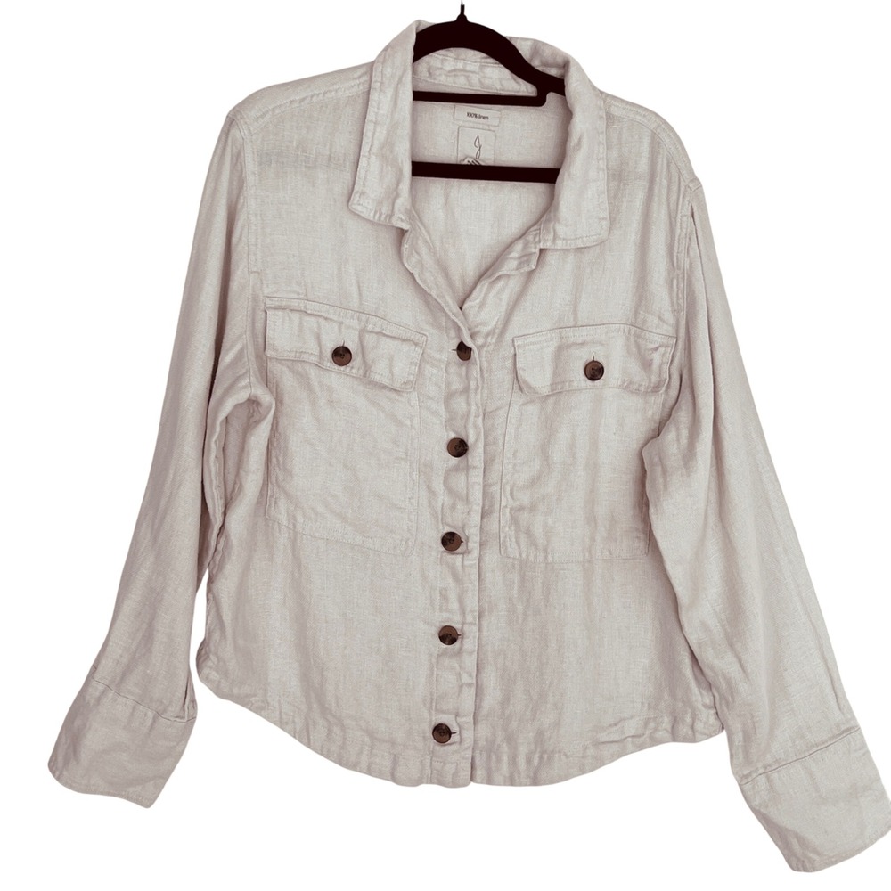 Joie Neutral Beige Shirt Shacket‎ Long Sleeve 100% Linen Utility Top Large